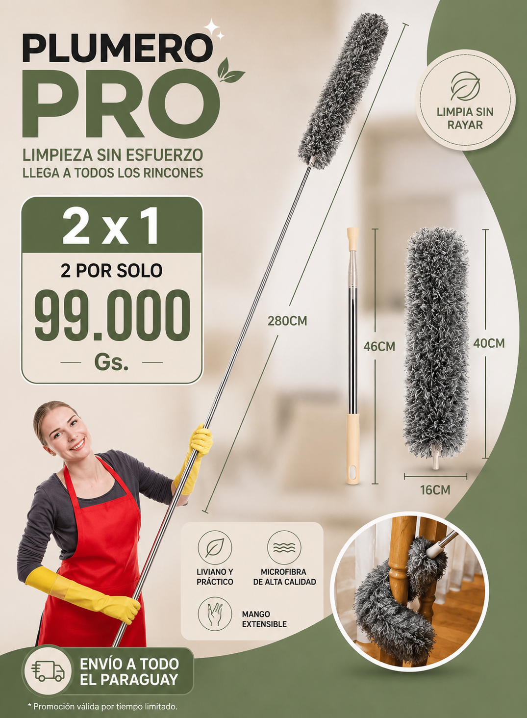 PlumeroPro® - Plumero de Microfibra Extensible 2x1