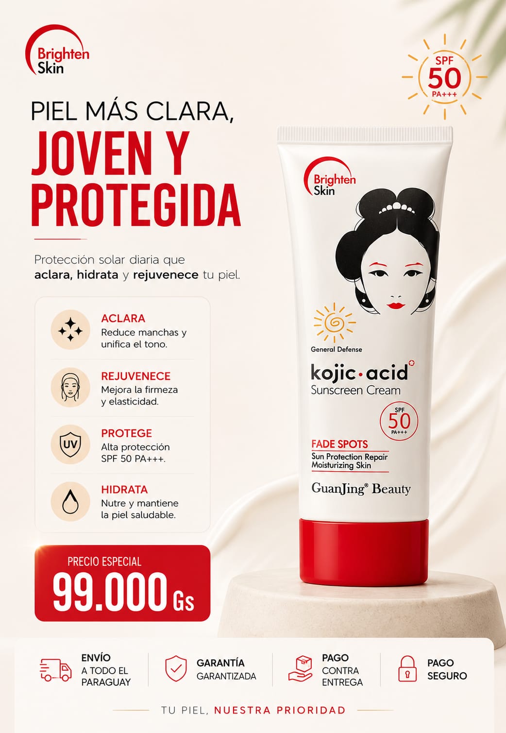 Crema aclaradora con protección Solar - Kojic Acid