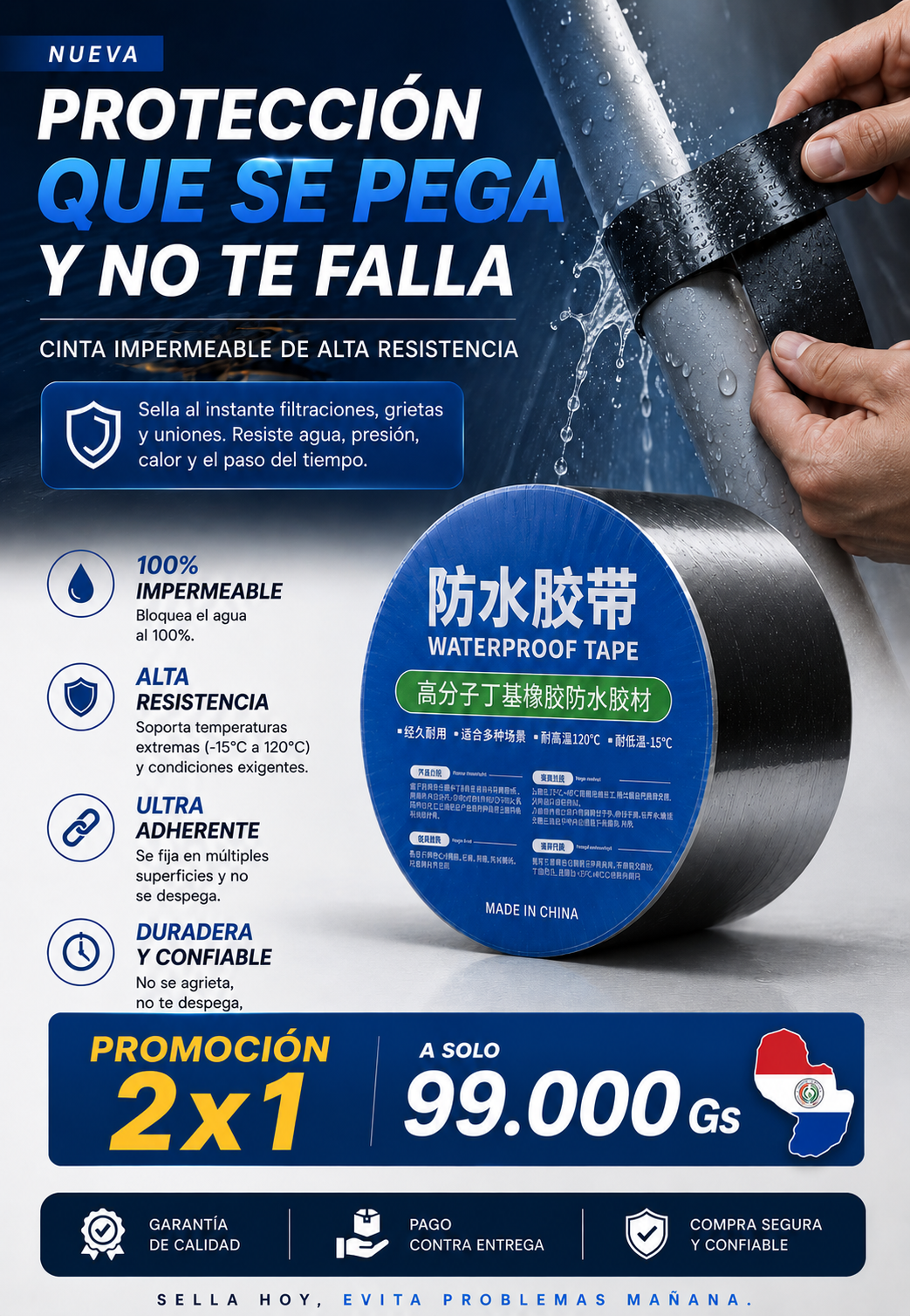 Cinta Adhesiva impermeable 2x1