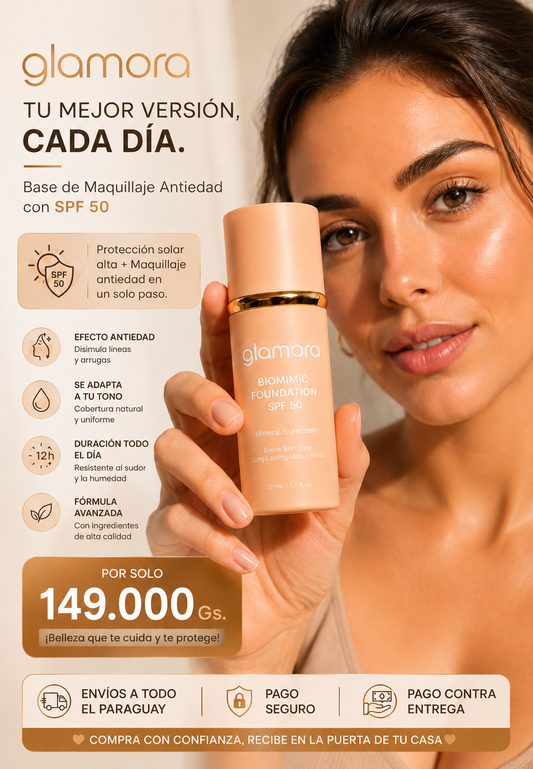 Glamora - Base de Maquillaje Antiedad con SPF 50 – Se Adapta a tu Tono de Piel